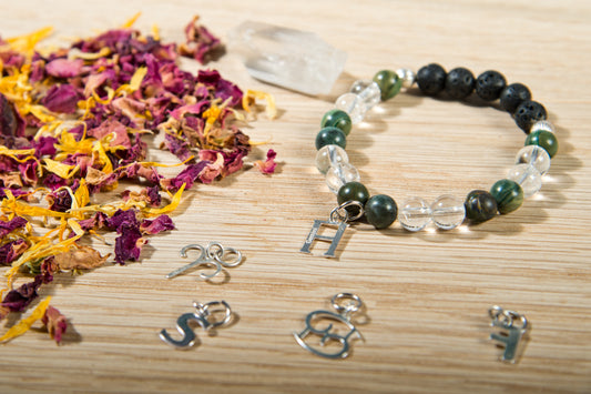 Giada, cristallo di rocca, lava, argento 925, charms